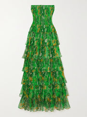 Green Floral Bandeau Tiered Maxi Dress