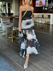 Black Floral Ruched Midi Dress