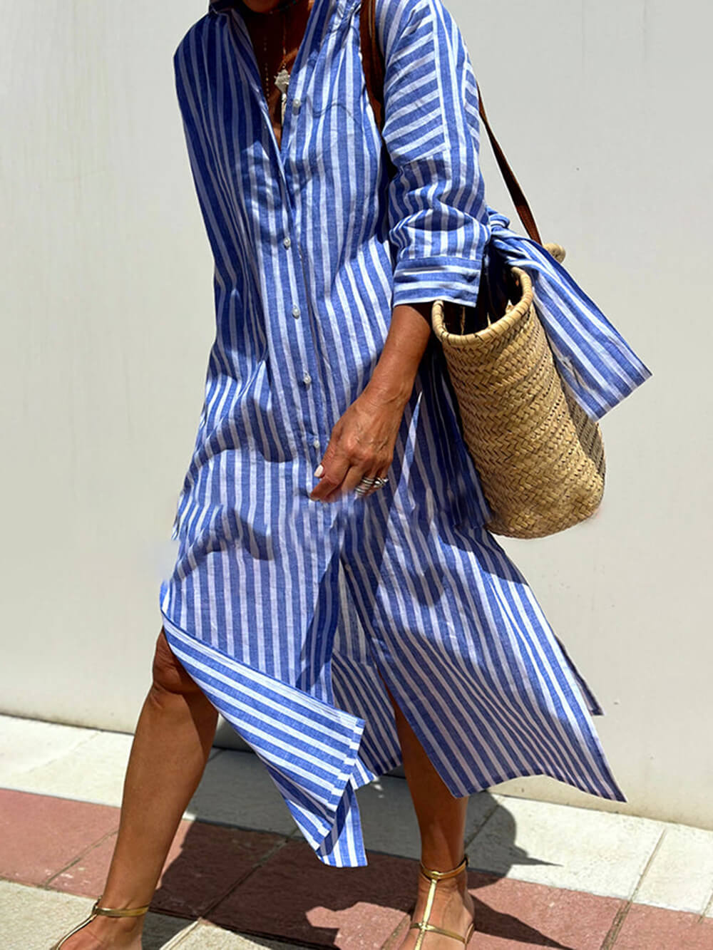 Blue Striped Button Down Shirt Dress