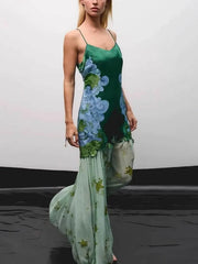 Green Floral Paneled Slip Maxi Dress