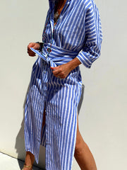 Blue Striped Button Down Shirt Dress