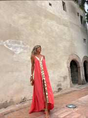 Coral Pink Backless Maxi Dress