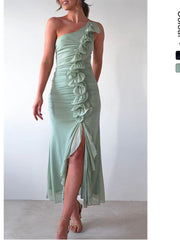 One Shoulder Ruched Rosette Midi Dress