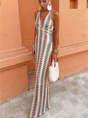 Beige Boho Pattern Knit Slim Fit Maxi Dress