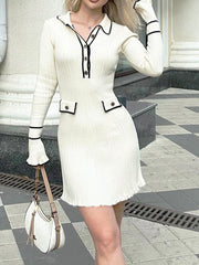 Contrast Ribbed Knit Long Sleeves Mini Dress