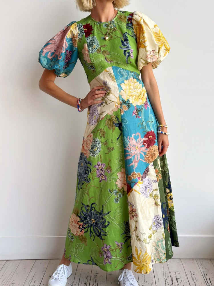Green Floral Short Sleeves Midi Dress