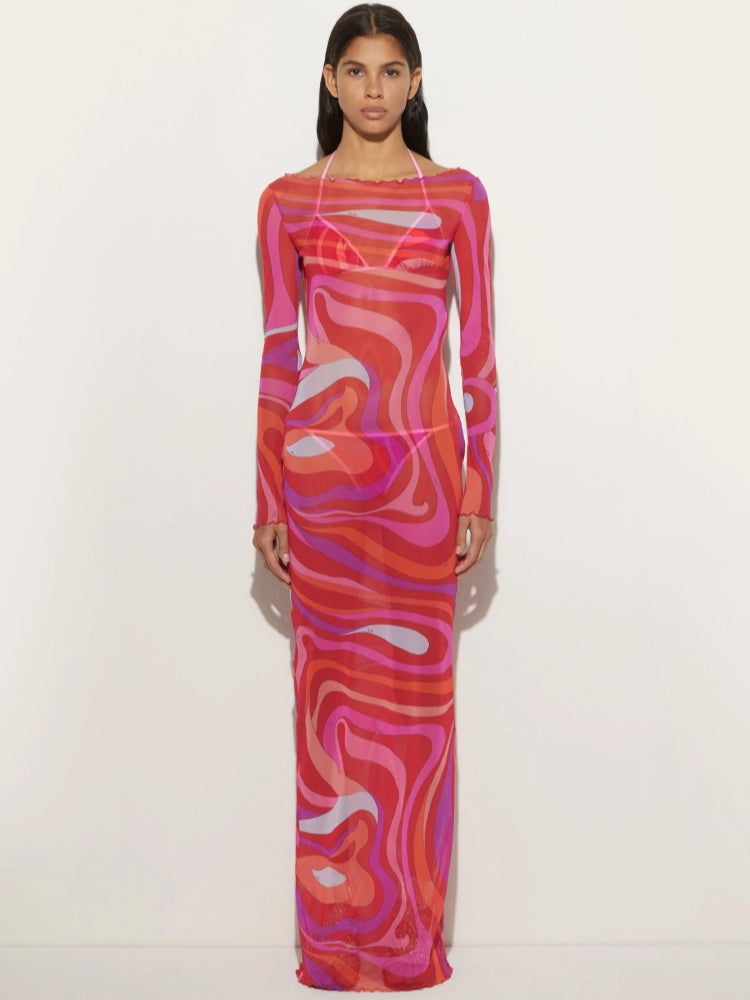 Hot Pink Wavy Line Printed Semi-Sheer Maxi Dress