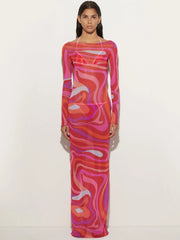 Hot Pink Wavy Line Printed Semi-Sheer Maxi Dress
