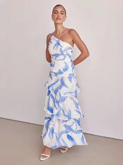 One-Shoulder Tiered Floral Maxi Dress