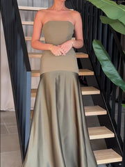Satin Skirt Paneled Strapless Maxi Dress