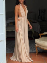 Beige Halter Neck Plunging Maxi Dress