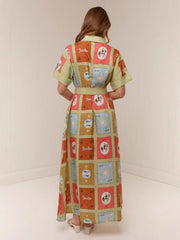 Color Block Linen Shirt Midi Dress