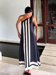 Black Verticle Striped One Shoulder Midi Dress