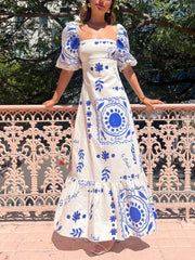 Blue Floral Square Neckline Midi Dress