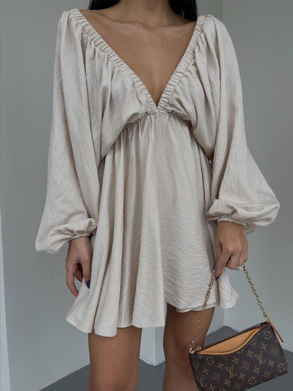 Woven Plunge Neck Mini Dress