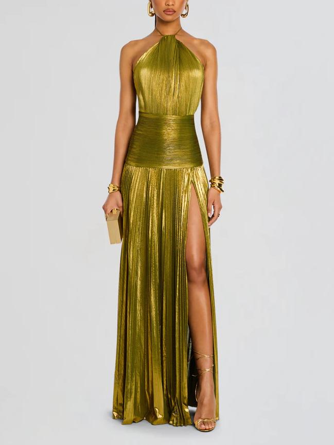 Metallic Green High Slit Maxi Dress