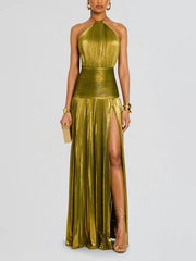 Metallic Green High Slit Maxi Dress