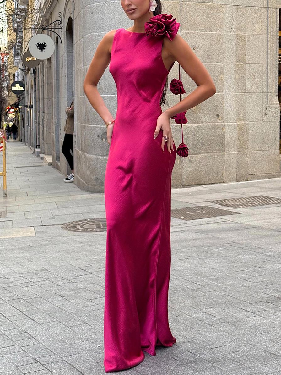 Hot Pink Rosette Satin Maxi Dress