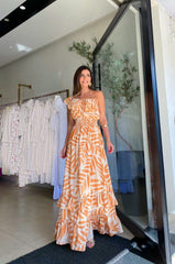 Off Shoulder Palm Printed Maxi Dress