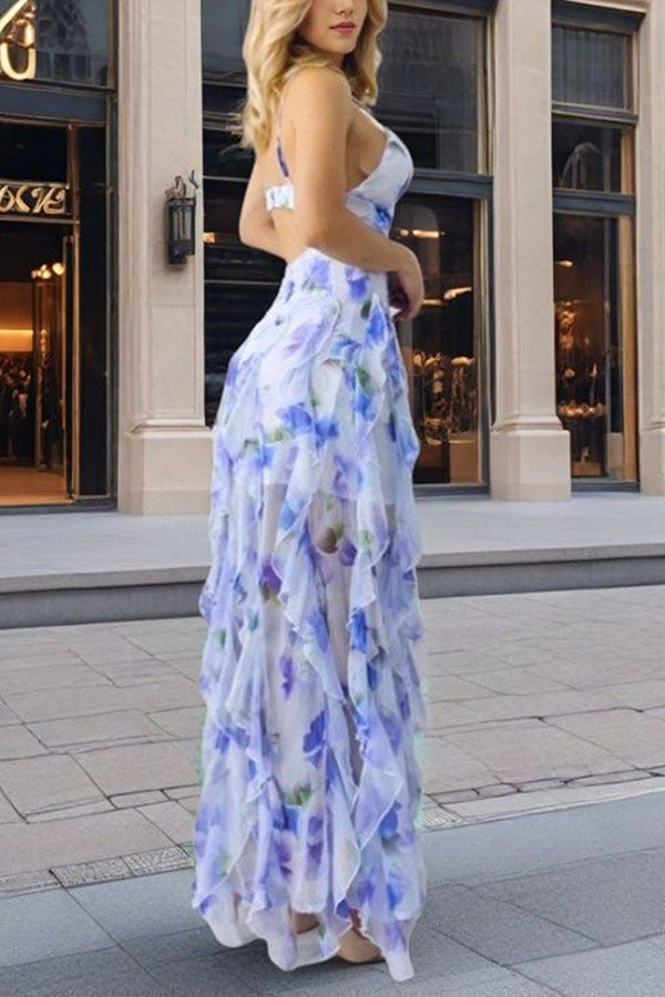 Blue Floral Ruffled Midi Dress