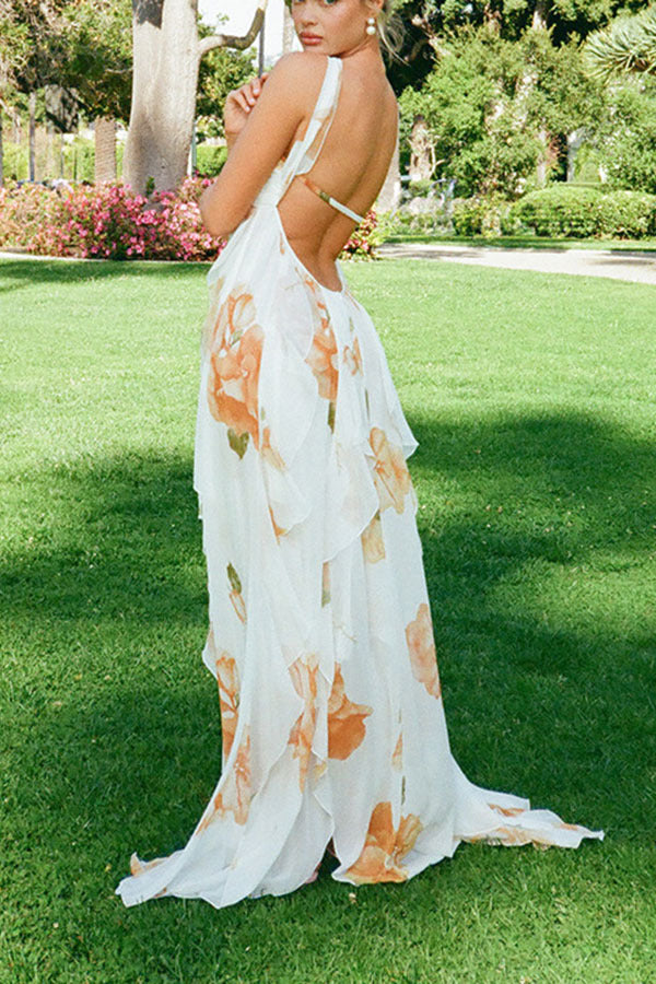 Orange Floral Chiffon High Slit Maxi Dress