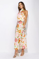Delicate Floral Satin Sleeveless Midi Dress