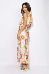 Delicate Floral Satin Sleeveless Midi Dress