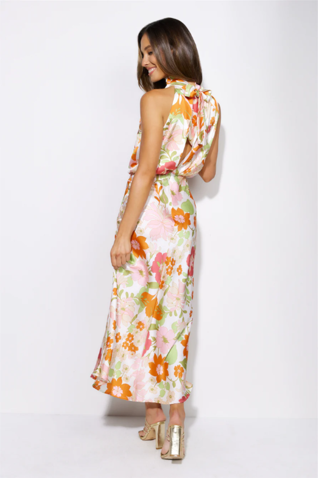 Delicate Floral Satin Sleeveless Midi Dress