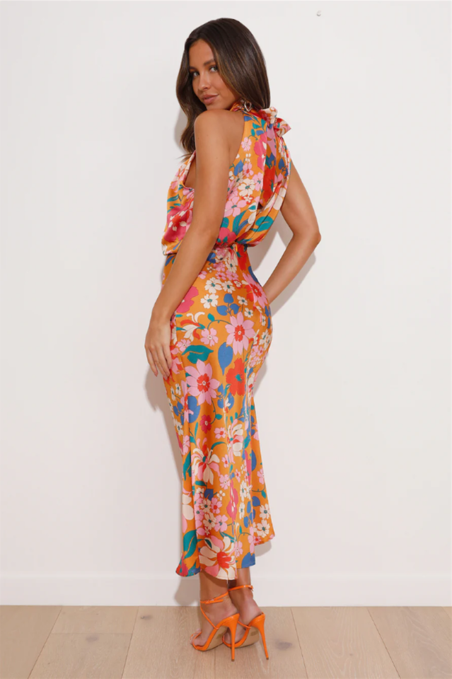 Delicate Floral Satin Sleeveless Midi Dress