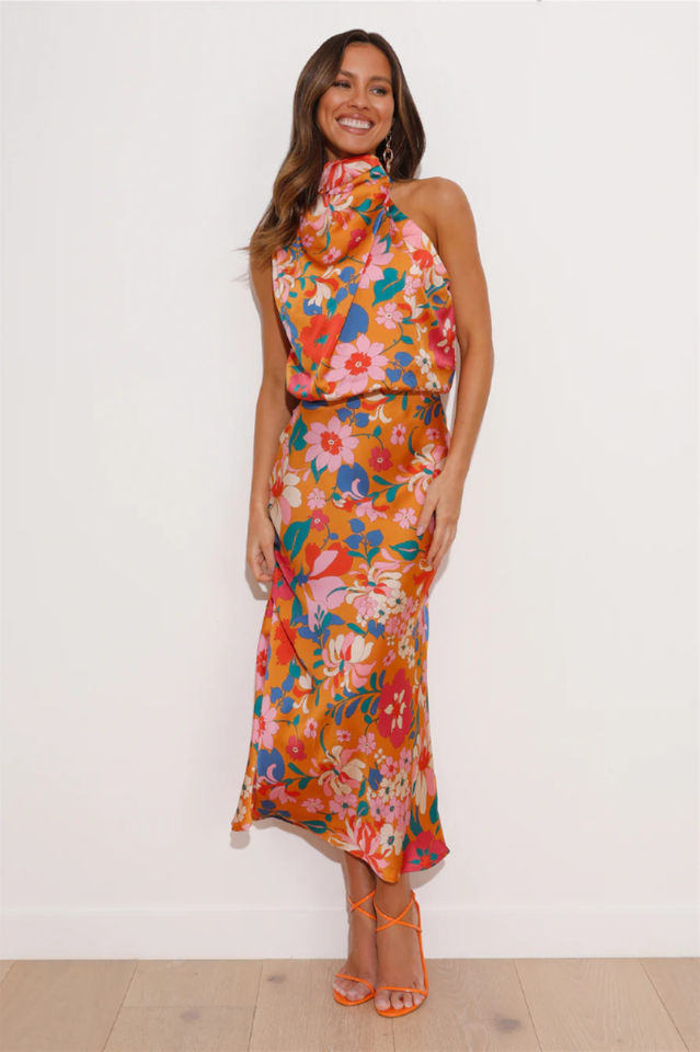 Delicate Floral Satin Sleeveless Midi Dress