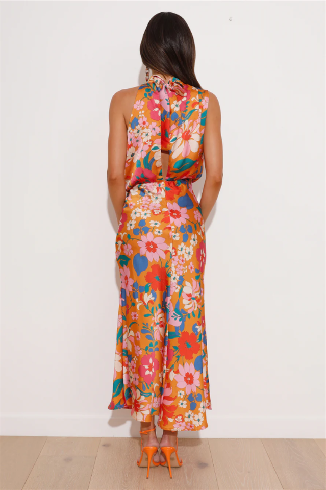 Delicate Floral Satin Sleeveless Midi Dress