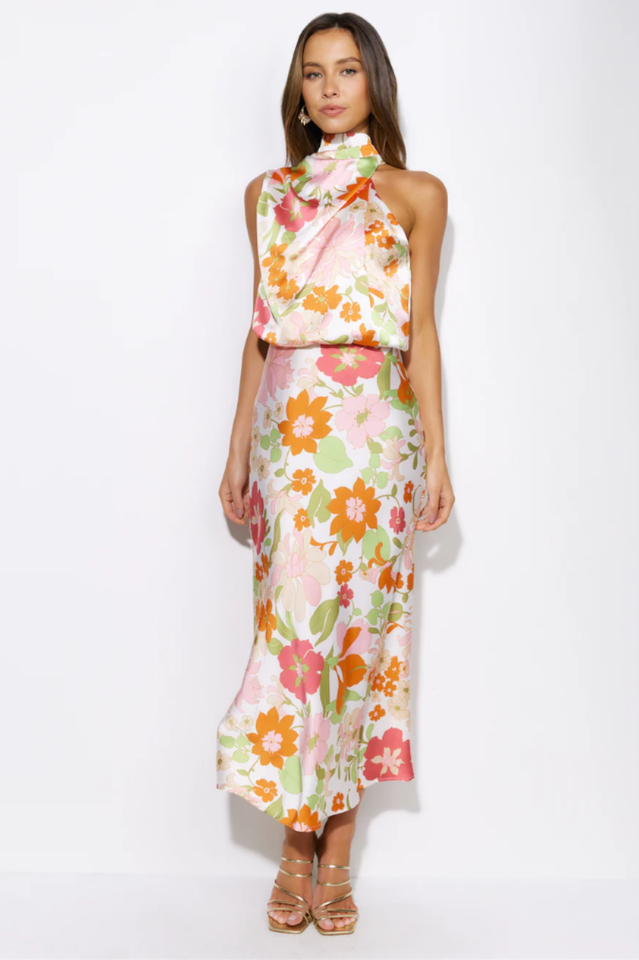 Delicate Floral Satin Sleeveless Midi Dress