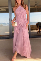 Pink Pleated Ruffle Midi Dress