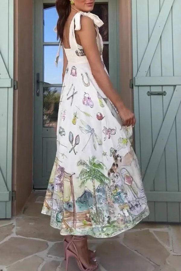 Euro Print Shoulder-Tie Linen Midi Dress