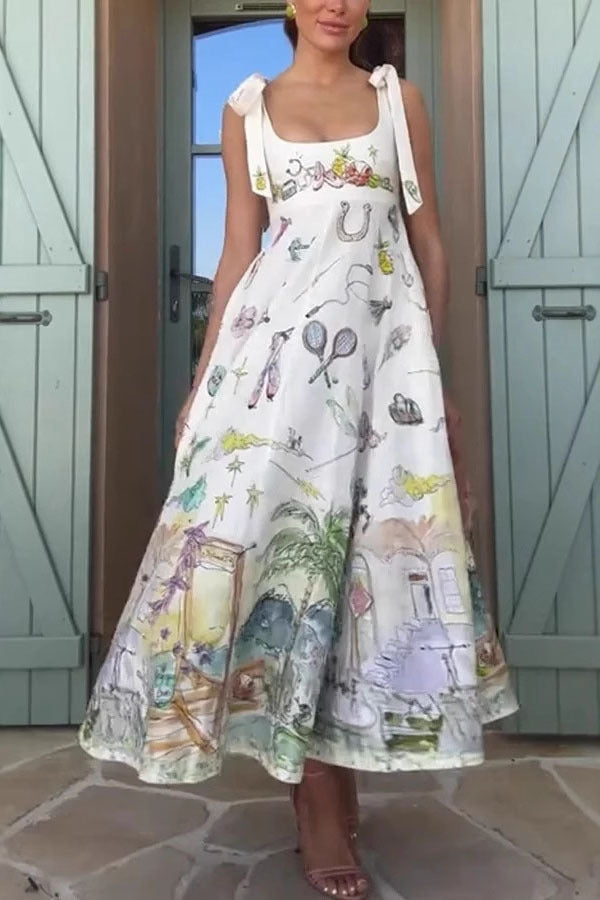 Euro Print Shoulder-Tie Linen Midi Dress