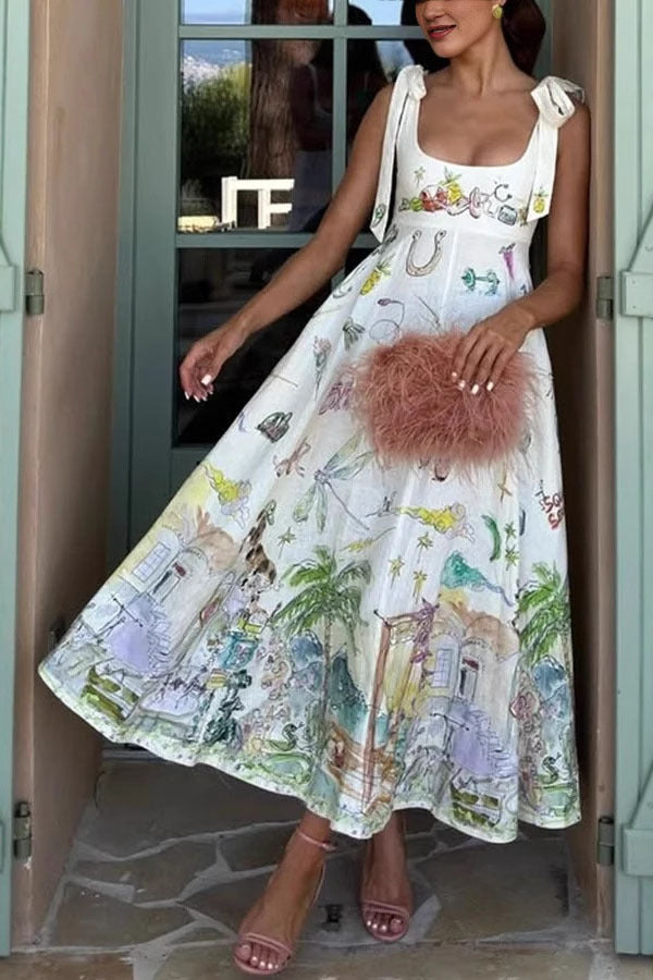 Euro Print Shoulder-Tie Linen Midi Dress