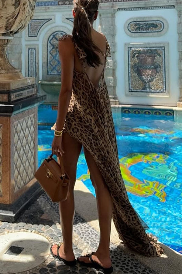 Brown Leopard Print Front-Tie Dress and Shorts Matching Set