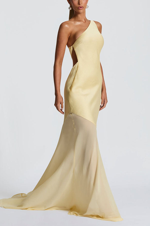 Yellow One-Shoulder Satin Maxi Dress