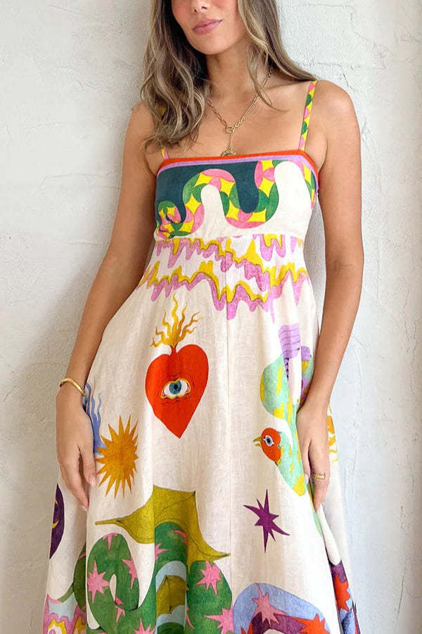 Tribal Print Linen Midi Dress