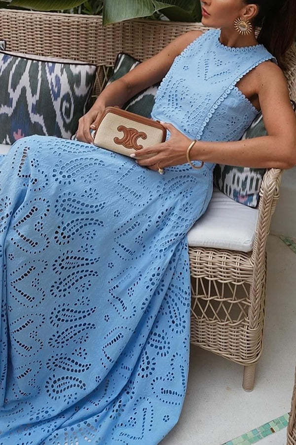 Blue Crochet Lace Tank Top Maxi Skirt Two-Piece Suit