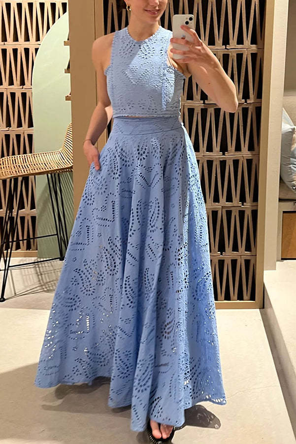 Blue Crochet Lace Tank Top Maxi Skirt Two-Piece Suit