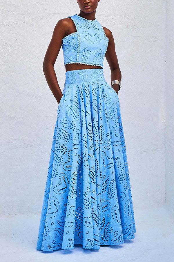 Blue Crochet Lace Tank Top Maxi Skirt Two-Piece Suit