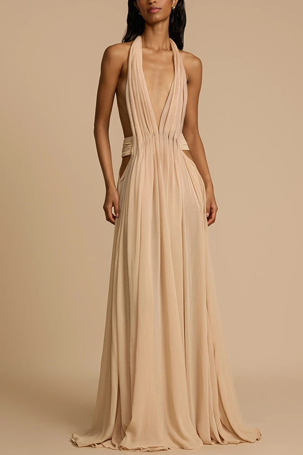 Beige Plunging Halter Neck Maxi Dress
