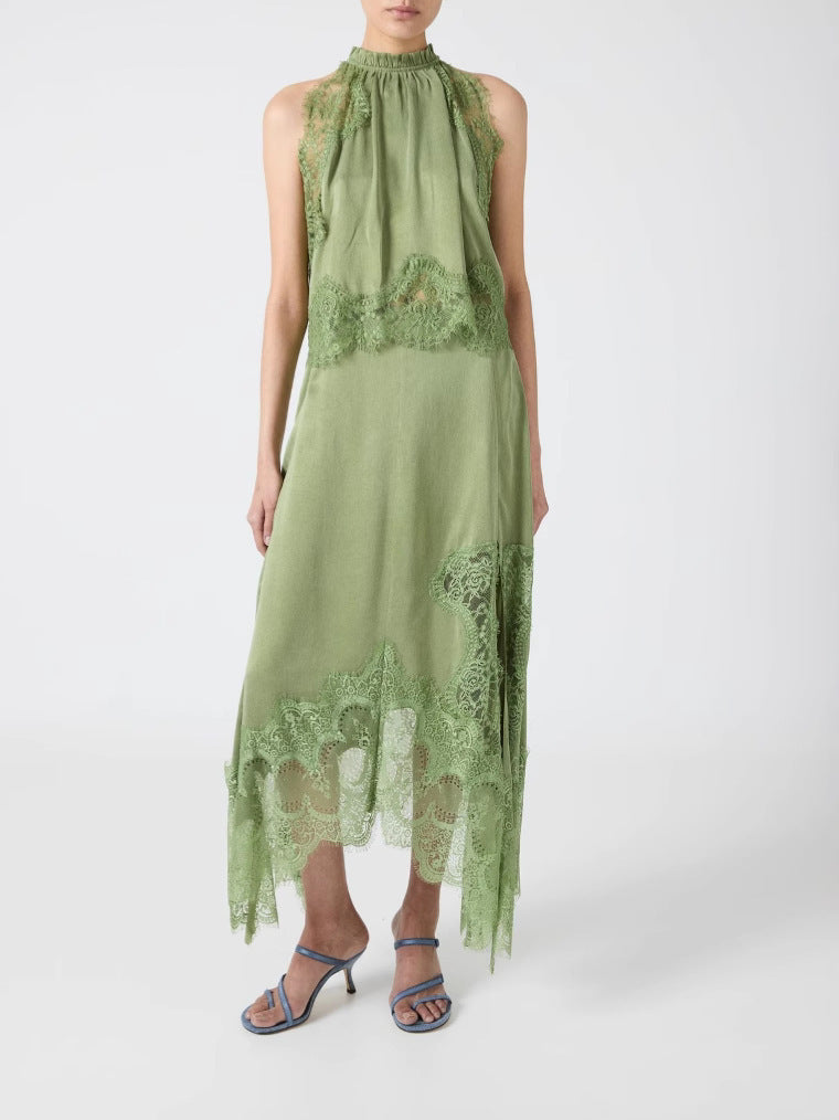 Elegant Muse Olive Satin Top Maxi Skirt Two-Piece Suit