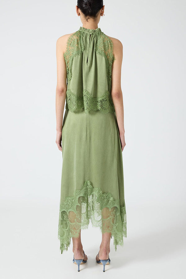 Elegant Muse Olive Satin Top Maxi Skirt Two-Piece Suit