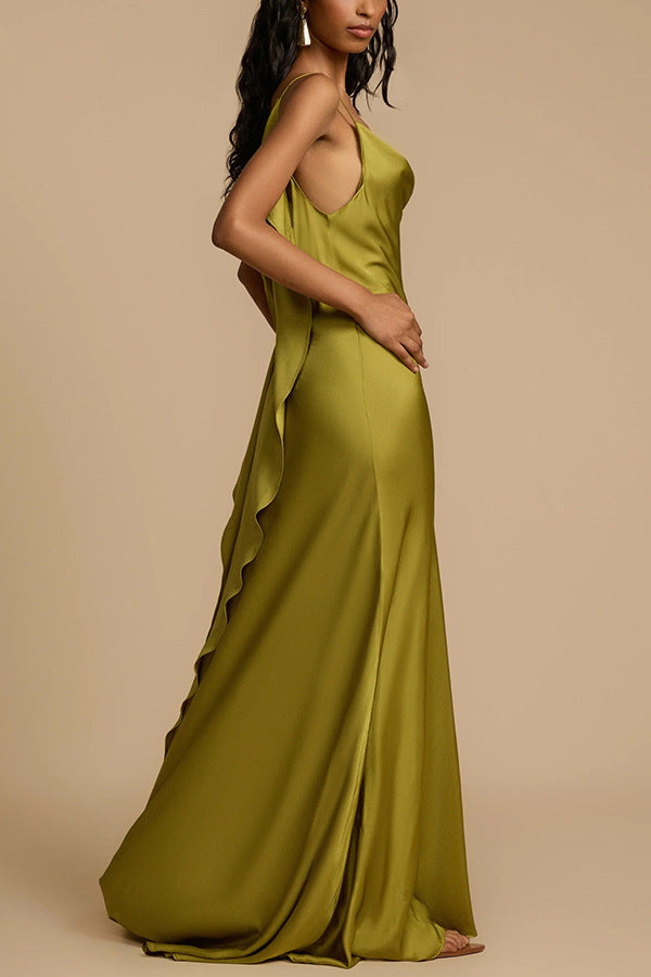 Olive Green Satin Cowl Neck Maxi Dress