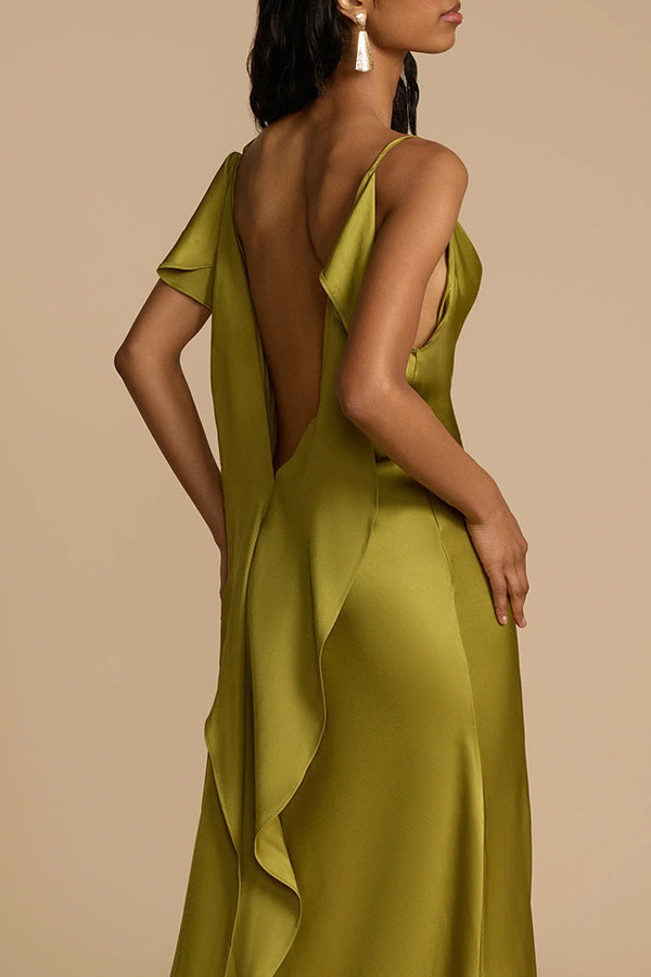 Olive Green Satin Cowl Neck Maxi Dress