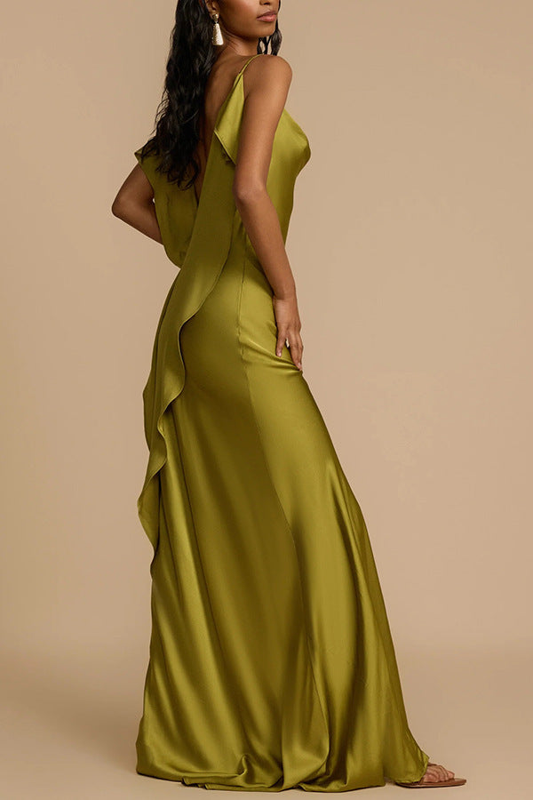 Olive Green Satin Cowl Neck Maxi Dress