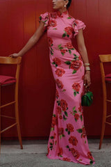 Rose Print Bodycon Maxi Dress