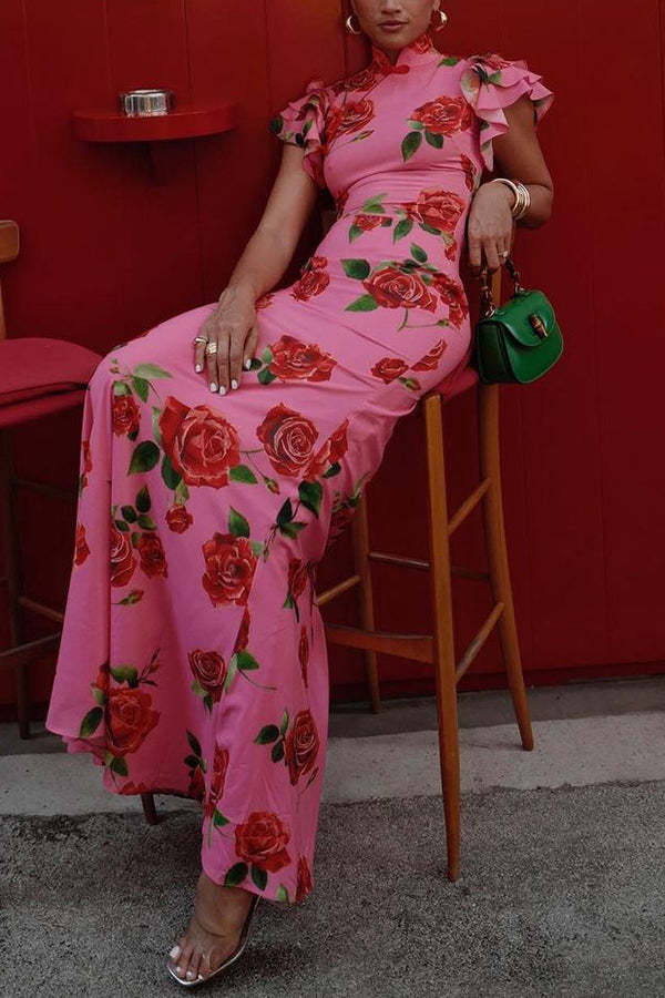 Rose Print Bodycon Maxi Dress